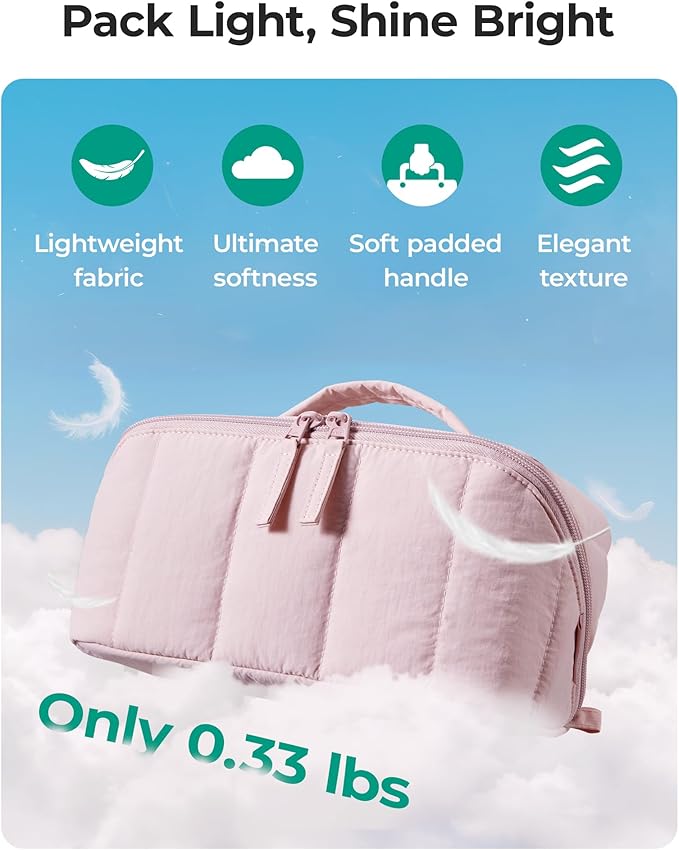 BAGSMART Travel Makeup Bag for Women, Portable Water-resistant Cosmetic Case, Puffy Padded Make Up Organizer Pouch, Open Flat Toiletry Bag for Toiletries, Brushes, Dark Pink