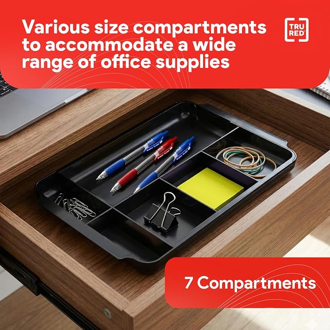 TRU RED Expandable Plastic Drawer Organizer, 7‑Compartment, Black – Adjustable Desk & Drawer Storage for Office Supplies
