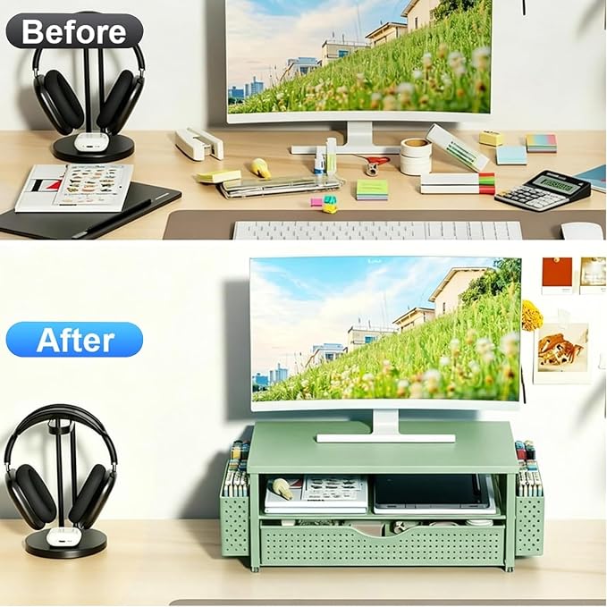 Spacrea Desk Organizer and Accessories, Computer Monitor Stand Riser with Drawer and 2 Pen Holders, Office Desk Accessories & Workspace Organizers for Office Supplies (Sage Green)