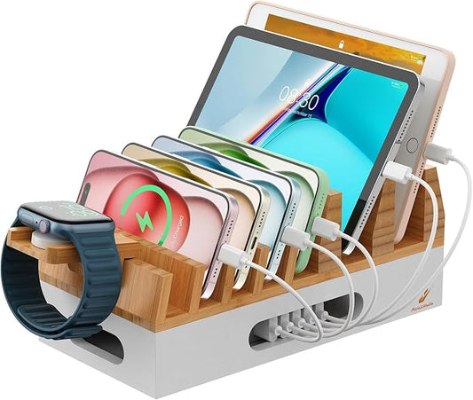 Pezin & Hulin Bamboo Charging Station Organizer for Multiple Devices & Wood Desktop Docking Charging Stand Such As Cell Phone, Tablets, Phone Case and Watch Stand(No USB Charger) (Natural + White)