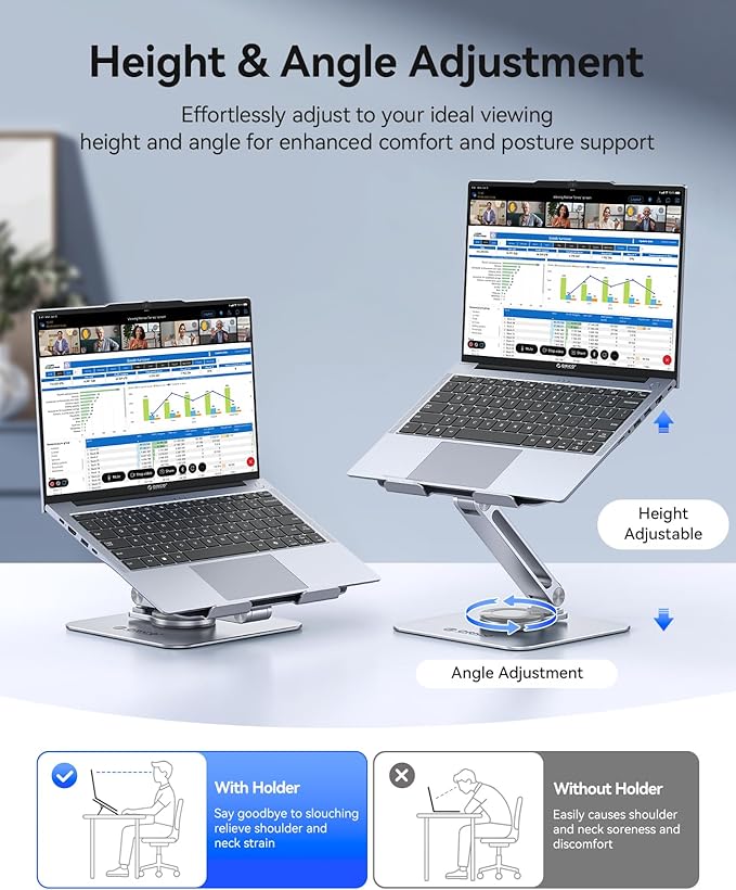 ORICO Adjustable Laptop Stand with 360° Rotating Base??Foldable Aluminum Alloy Laptop Holder for Desk, Compatible with MacBook Air/Pro, Dell, HP, XPS Laptops (13??7.3?? - ST10, Silver