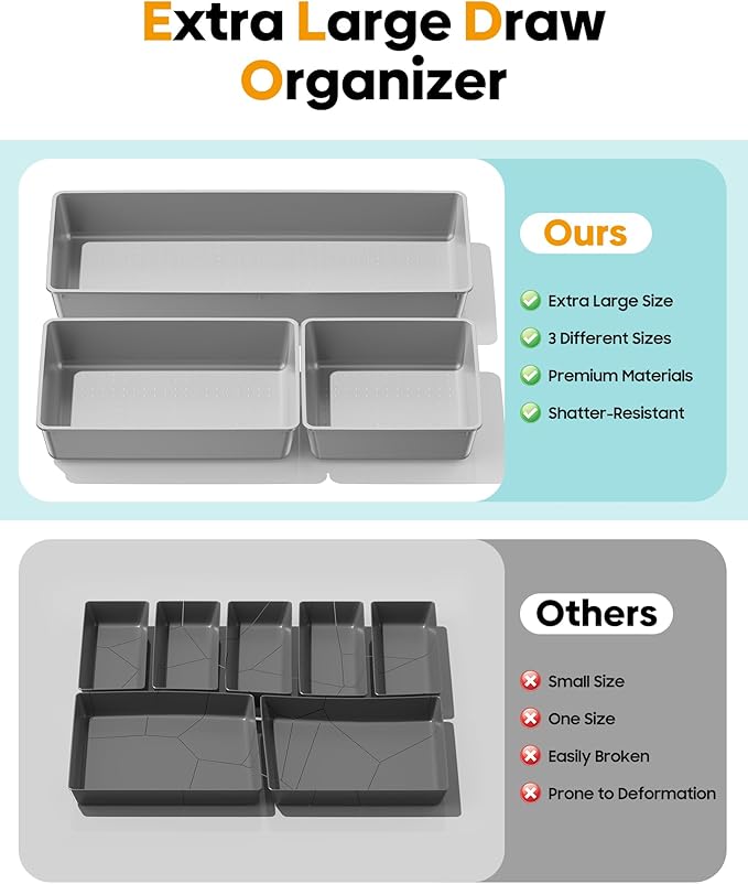 10 Pack Large Size Plastic Drawer Organizers Set, 3 Sizes Desk Drawer Organizer Trays, Storage Bins for Vanity, Makeup, Bathroom, Kitchen Utensils and Office (Gray)