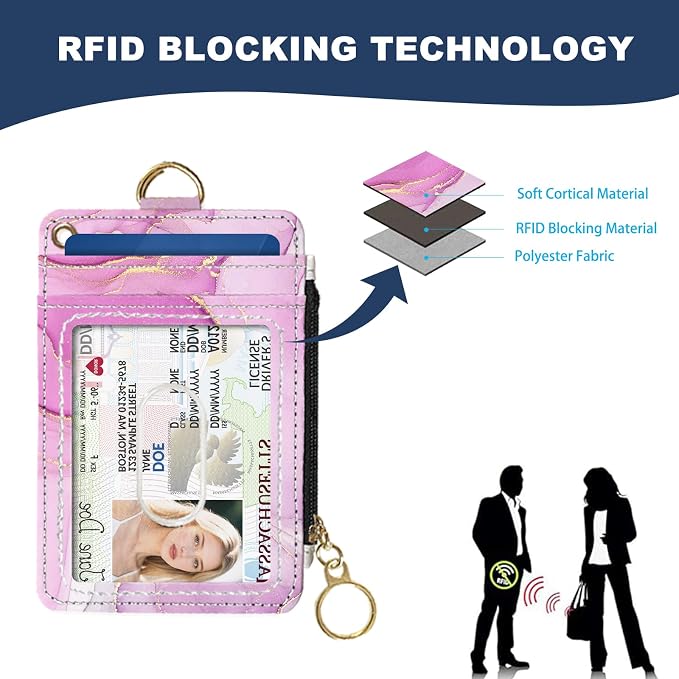 Slim Wallet Credit Card Holder, Pink Marble Pattern, RFID Wallet Women Cute Small Front Pocket Wallet With Zipper, PU Leather Thin travel RFID Blocking Card Case ID Window,Ladies Gifts