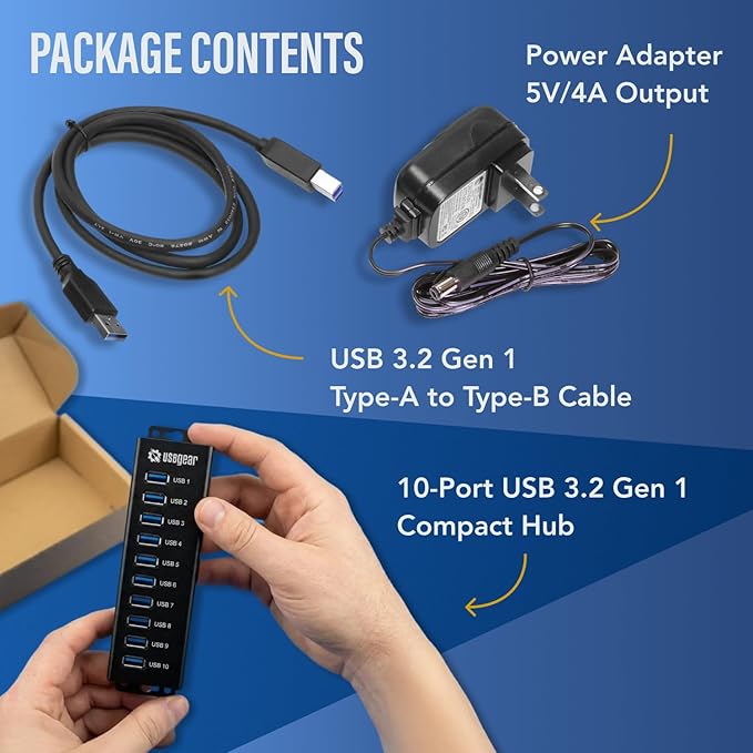 USBGear 10-Port USB Hub 3.2 Gen 1 ??Mountable SuperSpeed Data Hub with USB Ports for Laptop, PC, Desktop, and More, 5V/4A Power Adapter with Type-A to Type-B Cable (3ft), Computer Accessories