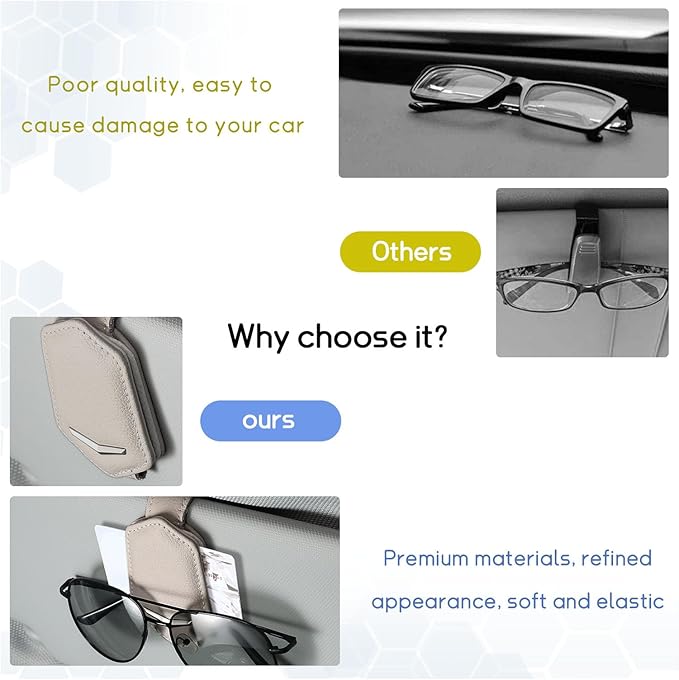 Dickno Sunglasses Holder for Car Sun Visor, Magnetic Leather Glasses Hanger Mounted with Ticket Card Clip, Universal Vehicle Interior Accessories for Different Size Eyeglasses (Beige)