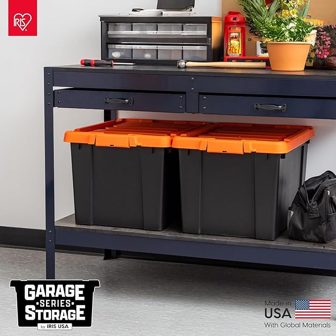 IRIS USA 20 Gallon Lockable Storage Bins with Lids, 4 Pack - Made in USA, Heavy Duty, Stackable Containers, Garage Organizing Bins Moving Tubs, Rugged Sturdy Equipment Utility Box - Black/Orange