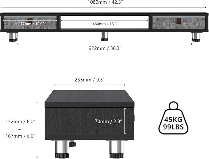 Fenge Monitor Stand, Dual Monitor Stand with 2 Drawers, Monitor Riser for 2 Monitors, Adjustable Height Computer Stand, Office Monitor Stands for Desk, Laptop, PC, TV, Printer