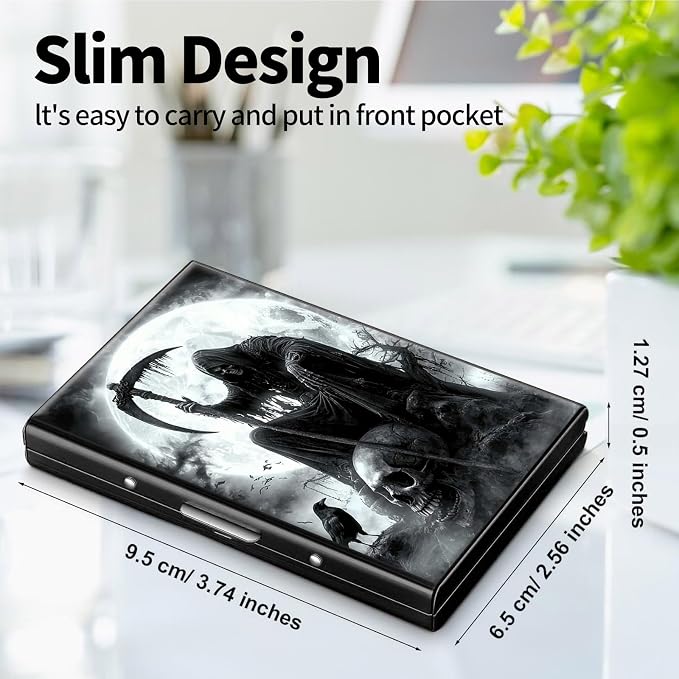Metal Wallet, Credit Card Holder for Women Men Girls, RFID Blocking Aluminum Wallet Slim Hard Case, Mini Travel Wallet, ID Card Holder Business Card Case,Grim Skulls Reaper