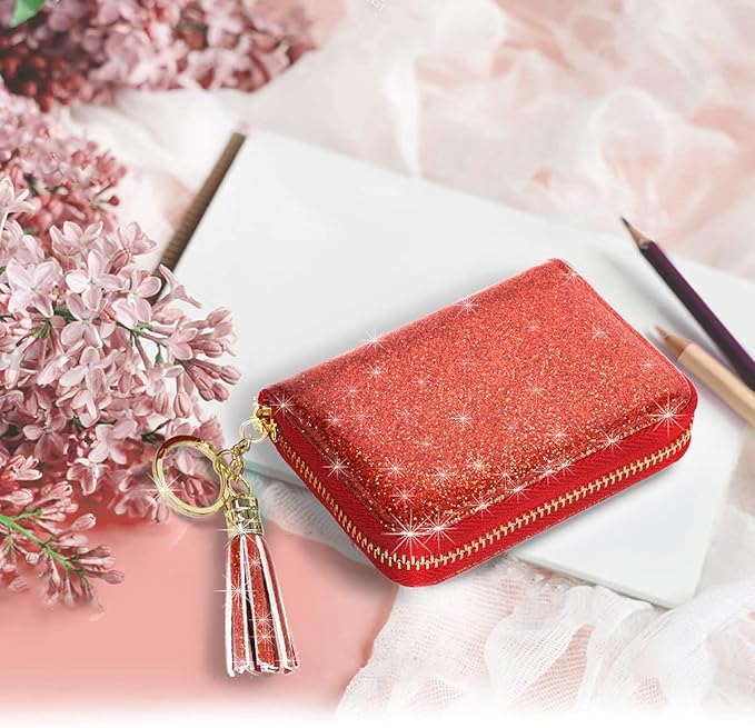 Coco Rossi Women's Small Credit Card Wallet RFID Cute Glitter Card Holder for Women, Red