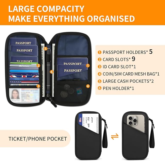 Family Passport Holder for 4,5, Large Rfid Blocking Passport Holder Wallet, Travel Document Organizer Waterproof with 9 Credit Cards Slots for Men & Women (Large, Black)