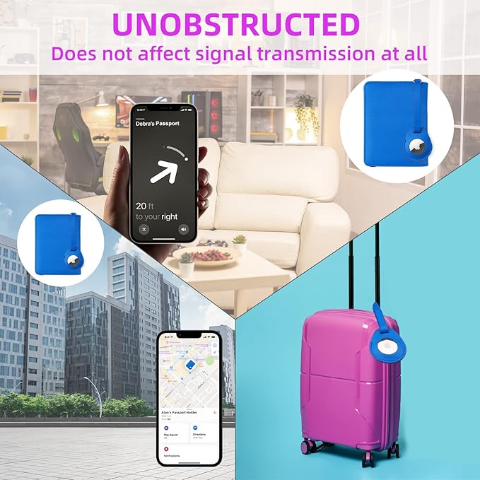 WALNEW AirTag Passport Holder, PU Leather Airtag Wallet RFID Blocking Passport Cover Travel Essentials Case for Women Men (Blue)