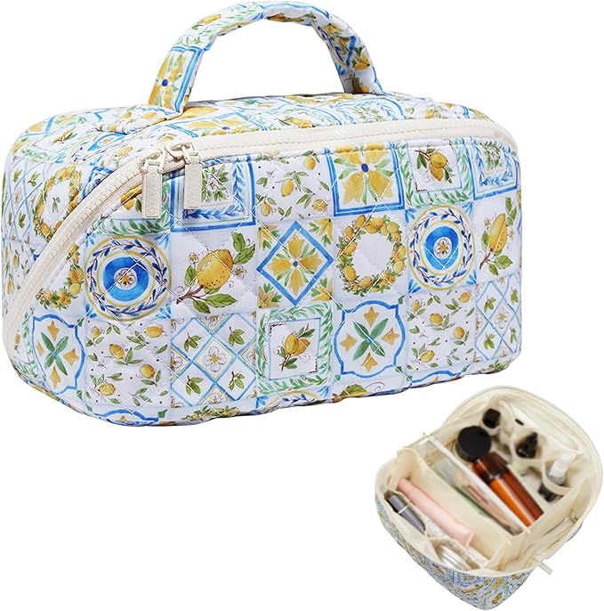COSHAYSOO Large Lay Flat Quilted Travel Cosmetic Bags Organizer for Women Make Up Skin Care Brush Storage, 25th 30th 40th Birthday Gifts for Mom Sister Summer Beach Vacation Essentials Lemon Decor