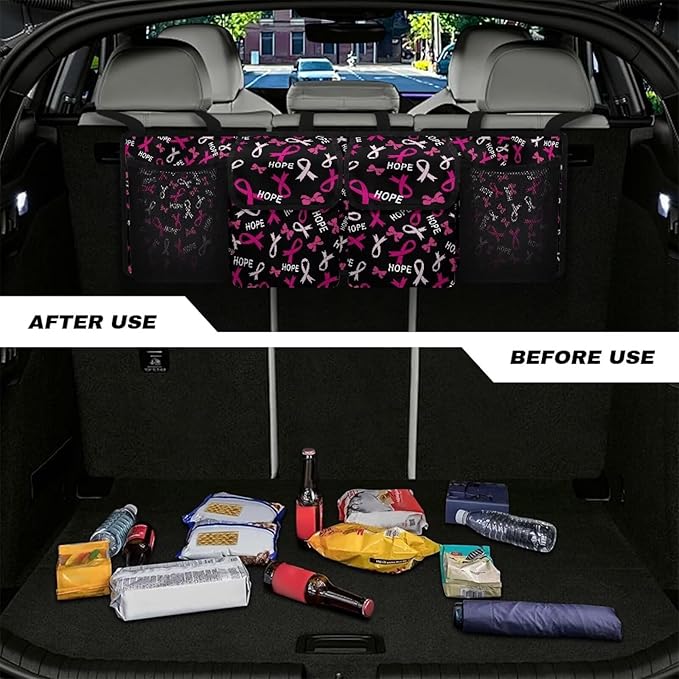 Pink Ribbons Car Trunk Organizer Hanging Car Back Seat Storage Bag Auto Cargo Bag Automotive interior Accessories for Most Sedans SUV Jeep Trucks MPV Van