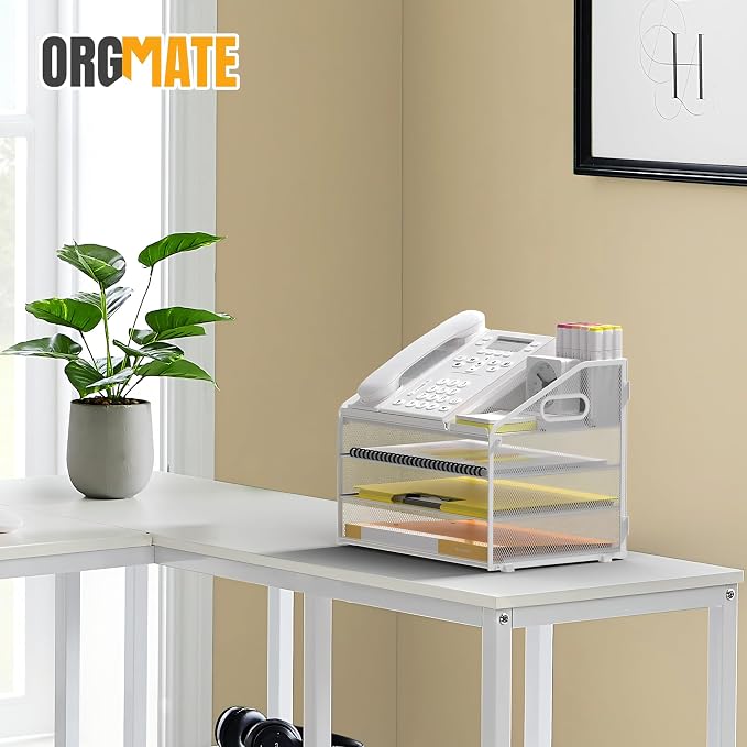 Letter Tray Paper, 4 Tier Desk Organizer with Pen Holder and Handle, Mesh File Organizer Paper Sorter Metal Desktop Document Shelf for Office Home Classroom - White