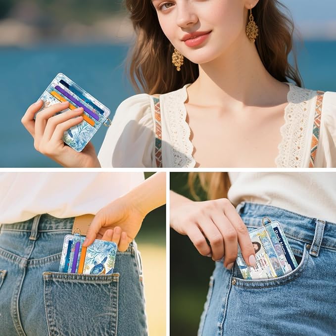 Slim Credit Card Holder Wallet RFID Blocking Minimalist Wallets Lightweight Thin Small Cute Card Case for Women, Turtle