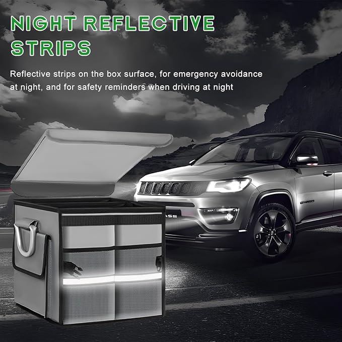 Trunk Organizer with Lid, 28L Collapsible 2-Compartment Car Storage Box with Reinforced Handles, Multipurpose Waterproof Oxford Storage Organizer for SUVs Sedans Trucks (Gray)