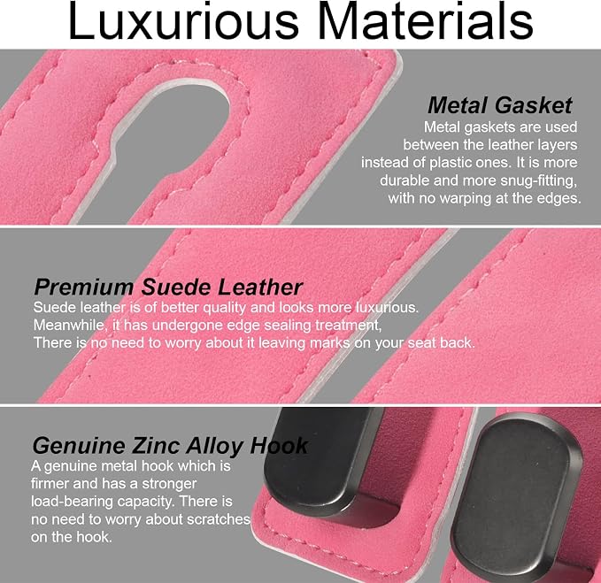 Car Seat Hooks for Headrest, Car Purse Hook & Back Storage Hook, Zinc Alloy & Suede Material Heavy Duty Car Hooks for Purses and Bags,Universal Fit for Most Vehicles (Pink-2 Pack)
