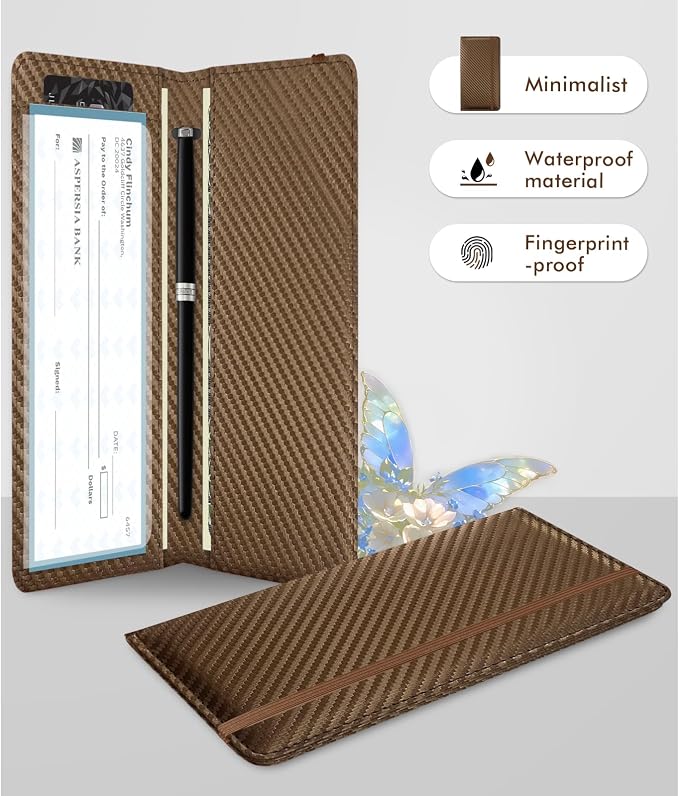Checkbook Cover for Men Women, Premium Leather Checkbook Holder with RFID Blocking and Built in Clear Plastic Divider for Personal and Business Checks (Brown Carbon)