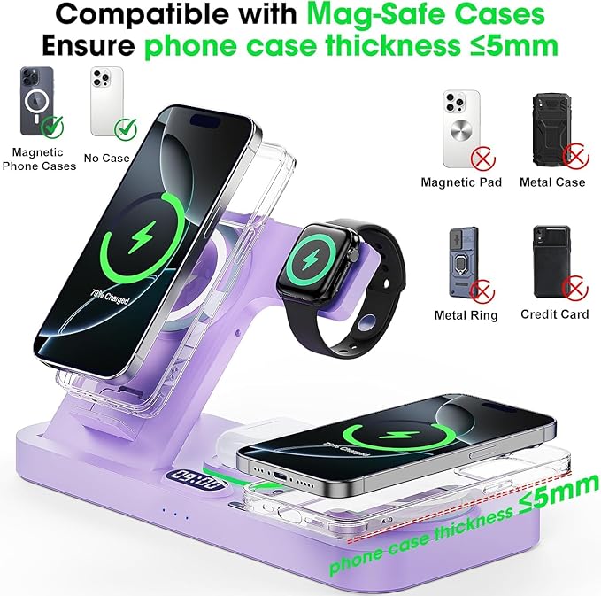 Dual Phone Wireless Charging Station for Apple Devices, Magnetic Charging Station for iPhone with Auto Switch 7-Color Light&Clock,Family Watch Charger for iPhone17 for iWatch11 for AirPods Pro3(Purple