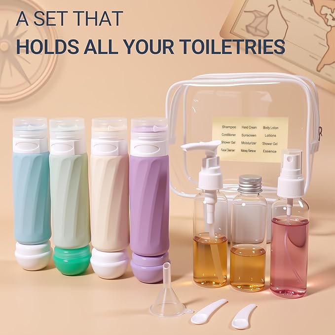 16 Pack Travel Bottles for Toiletries, TSA Approved 3oz Leak Proof Refillable Silicone Squeezable Containers Kit for Shampoo Lotion Conditioner with Toiletry Bag