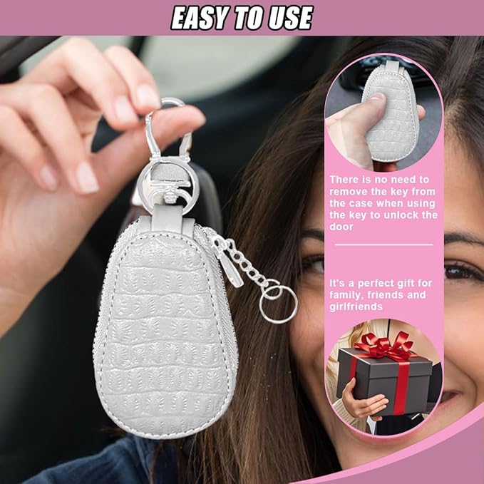 Leather Car Keychain Case Holder - Keyring Zipper Bag Auto Key Fob Cover Case with Metal Hook - Car Key Case Smart Key Fob Protector for Remote Key Fob (White)