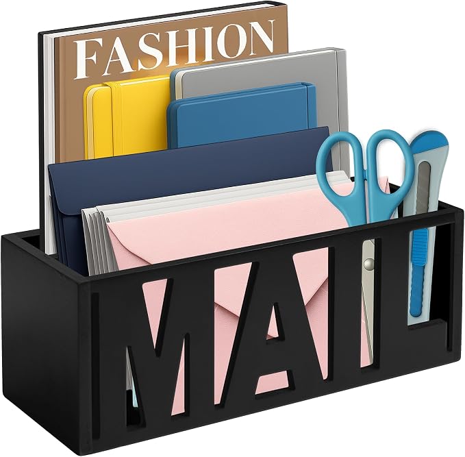 Mail Organizer Countertop – Black Holder for Desk or Wall, Decorative Desktop Sorter, Envelope Tray & Bill Storage with Compact Size for Home Office Organization Accessories (11x4x4 in)