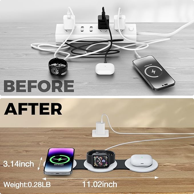 Hicober 3 in 1 Charging Station for Apple Multiple Devices, Foldable Travel Wireless Charger 18W for iPhone Air 17 16 15 14 13 Pro Max Plus &Apple Watch Series/Airpods Black&White