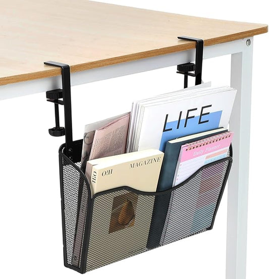 Clamp On Desk Organizer, 2-IN-1 Under Desk Side Organizer Storage, Wall Mounted Mesh File Rack, Hanging Office Organization for Document Magazine Paper School Supplies