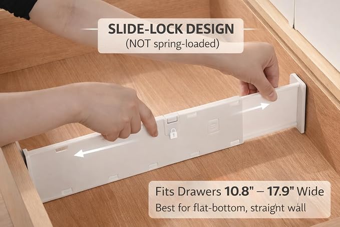 6 Pack Adjustable Drawer Dividers (10.8–17.9”) – Expandable Slide-Lock Plastic Drawer Organizer for Clothes, Kitchen, Bathroom & Office – Tool-Free White Drawer Separators