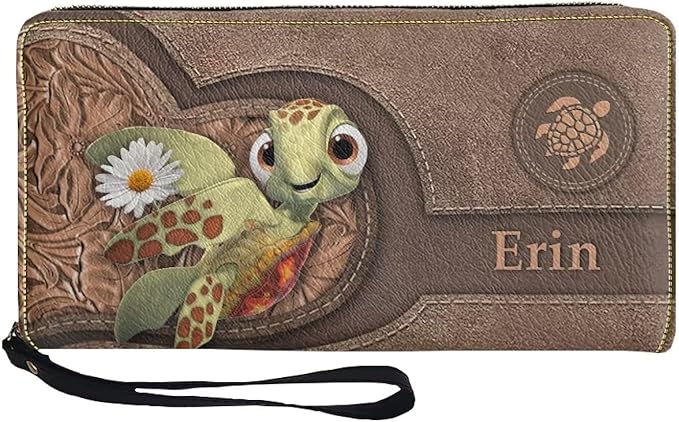 Bulopur Custom Name Wallet for Women Leather Mom's Gifts Sea Turtle Wristlet Wallets Waterproof Minimalist Long Wallet Large Capacity Clutch Purse Coin Cash Holder for Travel Shopping Work