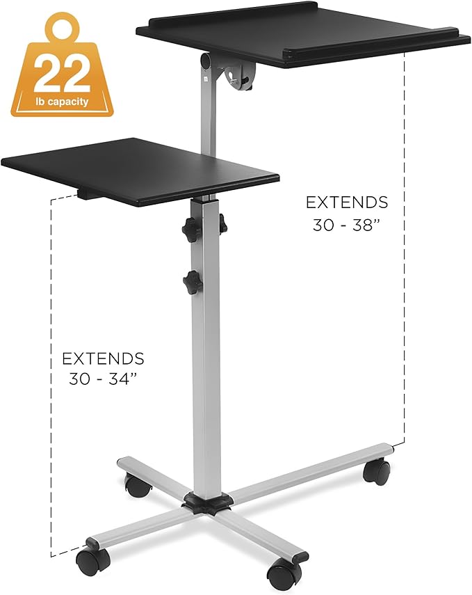 Mount-It! Projector Stand Mobile Projector Cart with Laptop Shelf on Wheels, Heavy Duty Two Shelves Height Adjustable Laptop and Projector Presentation Trolley in Black