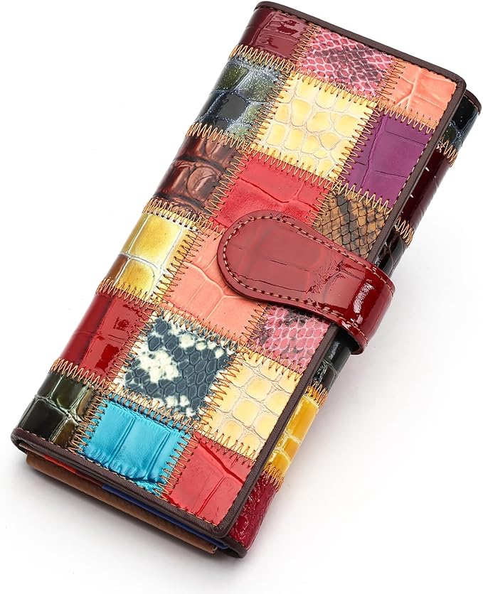 MASIWEI Genuine Leather Patchwork Wallet for Women Multicolor Trifold Wallets Ladies Card Holder Money Organizer with Coin Purse