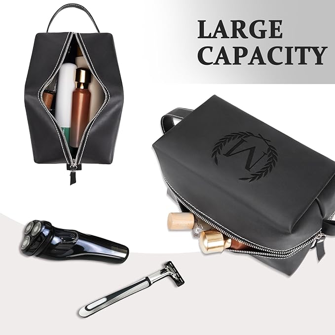 Personalized Gifts Travel Toiletry Bag for Men Engraved Initial PU Leather Waterproof Shaving Bag for Toiletries Accessories Fathers Day Birthday Gift for Men Dad Husband Son, Black Q