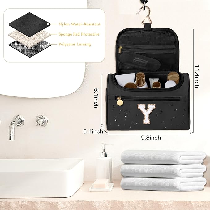 COSHAYSOO Christmas Valentines Galentines Day Fall Travel Gifts for Women Friend Sister Bestie Happy Birthday Party Favor Present, Large Hanging Toiletry Bag Skin Care Toiletries Black Letter Y