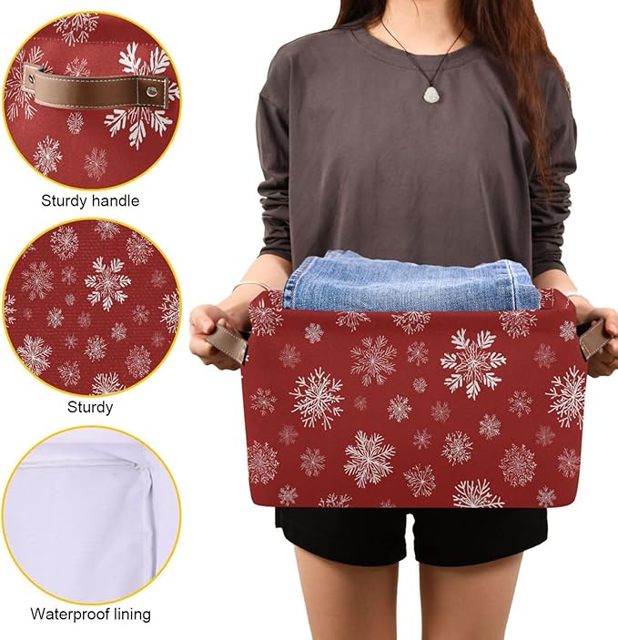 Aslsiy Storage Basket Christmas Snowflakes with Red Nursery Bins Baby Canvas Box Clothes Shelf Basket Laundry Hampers 2 Pcs
