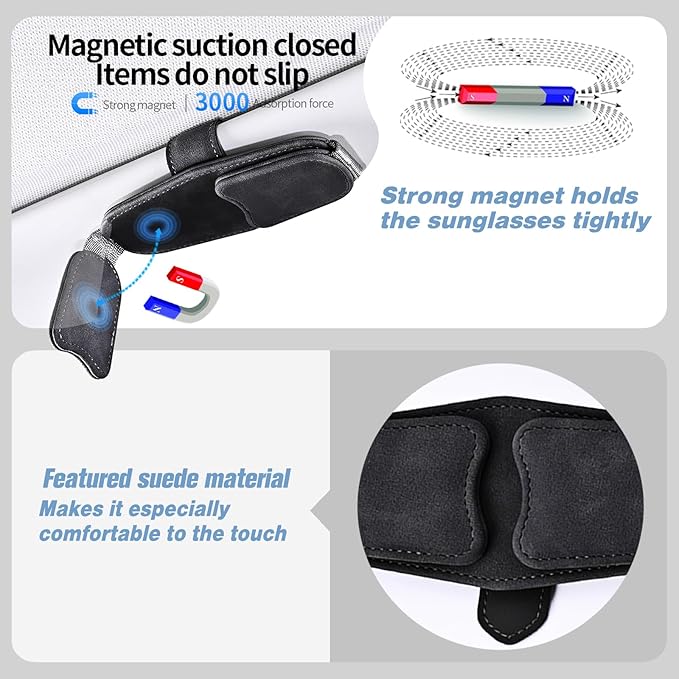 Car Sunglasses Holder - Visor Clip Style & Magnetic plush leather construction Doubles as credit card & fuel card box with storage pocket &Holds sunglasses