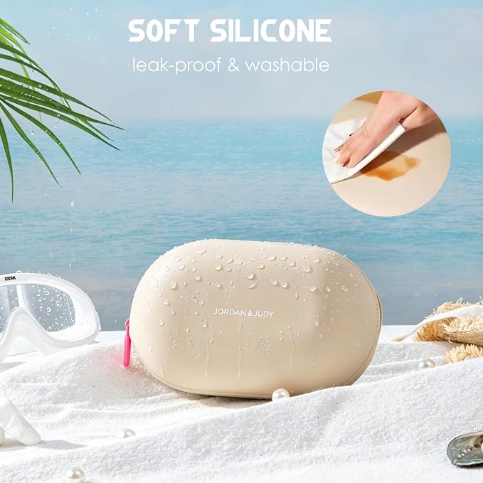 Travistar Silicone Travel Makeup Bag - Medium Toiletry Bag Portable Cosmetic Bag Waterproof Makeup Organizer Bag Small Make Up Pouch Womens Brush Holder Bag with Zipper Closure Khaki