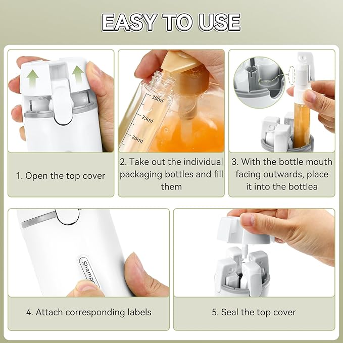 4 in 1 Travel Dispenser Bottle, 30ML*4 Refillable Pack Squeeze Bottles, Portable Leak Proof Travel Toiletry Containers for Toiletries/Shampoo/Conditioner/Shower Gel (White)