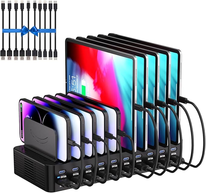 270W Charging Station for Multiple Devices, 20-Port USB Fast Charging Station with Adjustable Dividers & 10 Cables, Multi Device Organizer Charging Dock for iPhone, iPad, Tablets & More(Black)