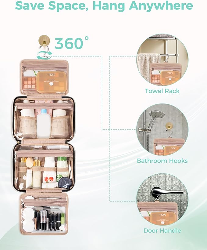 BALULHG Travel Hanging Toiletry Bag for Women,Makeup Bag Cosmetic Organizer Waterproof with Hanging Hook Multiple Pockets for Women Travel Essentials Beige