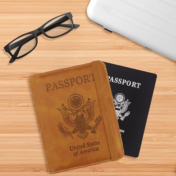 WALNEW Passport Holder for Travel, RFID Passport Cover Wallet for Women Men, PU Leather Passport Book Card Holder Case with Pen (Elastic Band Closure, AA-Brown+Blue)