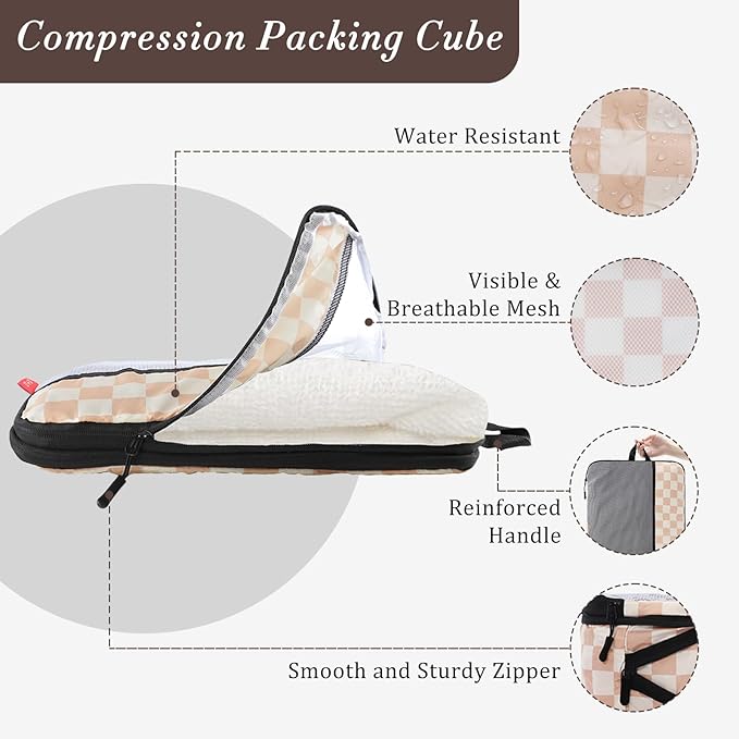 U+U 4 Set Compression Packing Cubes - Ultralight Travel Organizers, Space-Saving Suitcase Organizer, Expandable Packing Cubes for Travel, Business Trip and Family Vacation (Khaki Checkered)