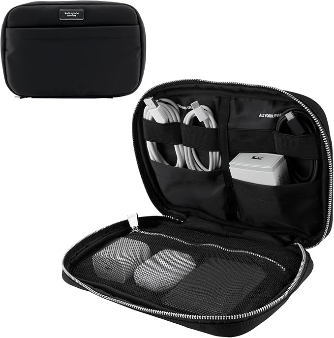 kate spade new york Nylon Tech Organizer Pouch - Electronics Cable Cord Organizer, Travel Case for Chargers, Power Bank, AirPods, and Accessories - Signature Black