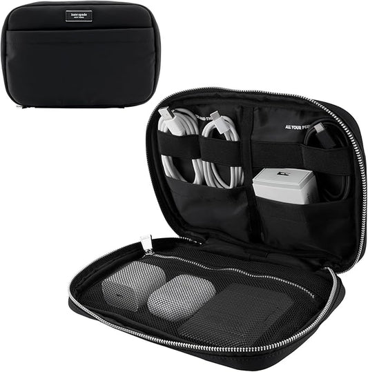 kate spade new york Nylon Tech Organizer Pouch - Electronics Cable Cord Organizer, Travel Case for Chargers, Power Bank, AirPods, and Accessories - Signature Black