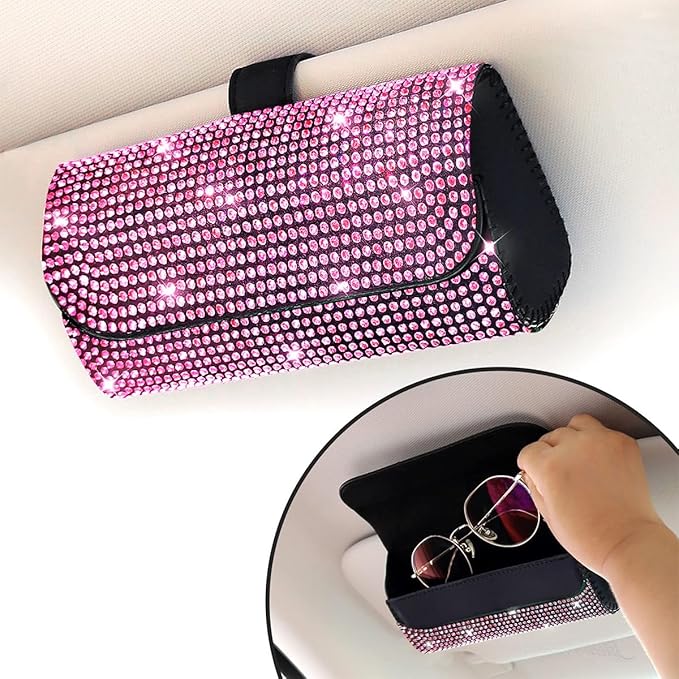 Osilly Bling Car Sunglass Holder for Sun Visor, Sparkling Crystal Leather Automotive Eyeglasses Mount Clip Organizer with Hidden Magnetic Closure for Men Women, Universal for SUV Truck Van（Pink）