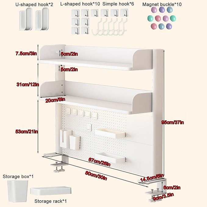 Desktop Bookshelf, Desk Extender Pegboard Workstation, 2 Tier Small Desk Extension Shelving Unit, Multipurpose Desktop Hutch Storage Organizer for Dorm Office Home(White,80x20x95cm/30x8x37in)