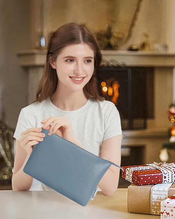 Narwey Small Makeup Bag for Purse Small Cosmetic Bag Women PU Leather Travel Makeup Pouch Zipper Pouch (Greyish Blue)