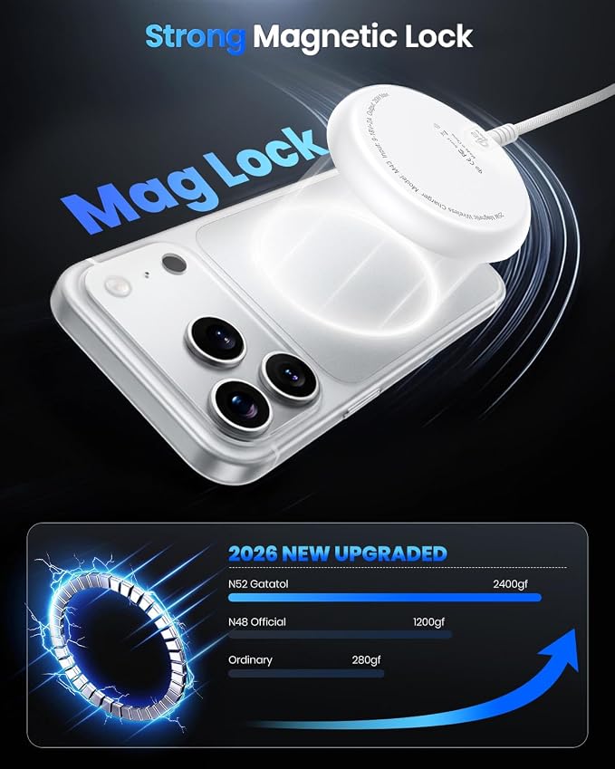 Magnetic Wireless Charger, 5FT Qi2 25W Fast Charging Pad Compatible with MagSafe for iPhone Air/17e/17/16/15/14/13/12/Pro/Pro Max Series & AirPods 4/3/2/Pro & More (with 30W Adapter)