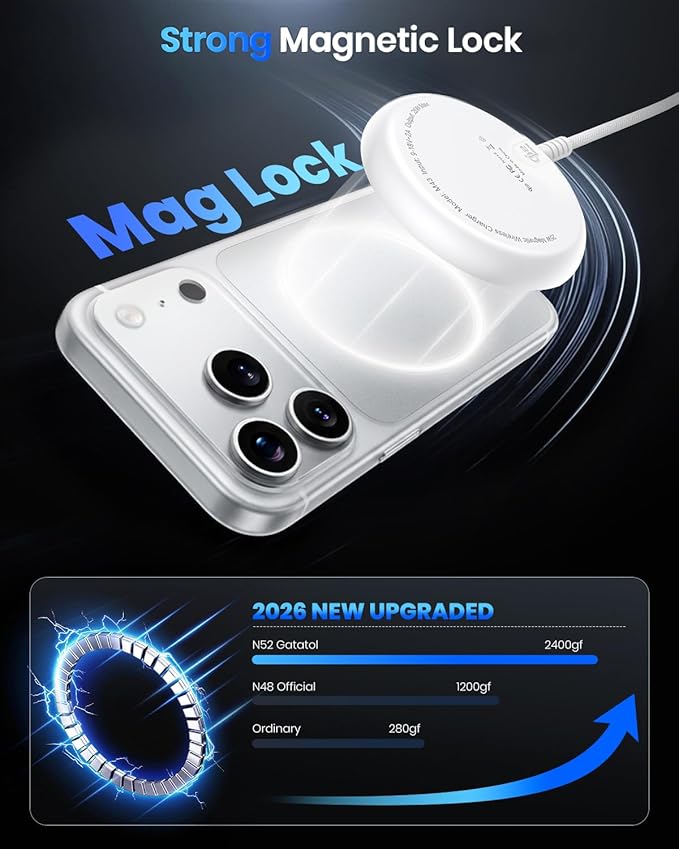 Magnetic Wireless Charger, 5FT Qi2 25W Fast Charging Pad Compatible with MagSafe for iPhone Air/17e/17/16/15/14/13/12/Pro/Pro Max Series & AirPods 4/3/2/Pro & More (MatteWhite)