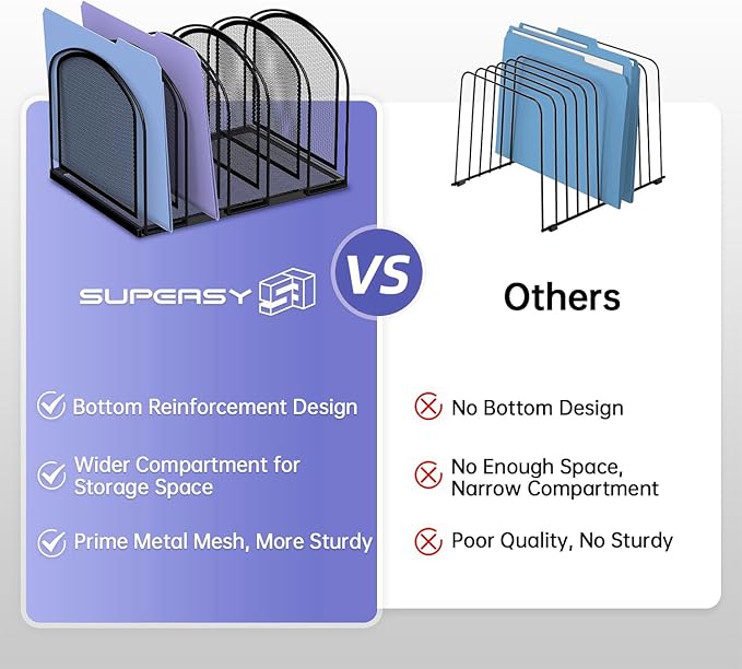 SUPEASY File Organizer for Desk, 5-Section Mesh Desk Organizer, Vertical File Holder Desktop Organizer File Sorter, File Folder Holder for Office Supplies, Black